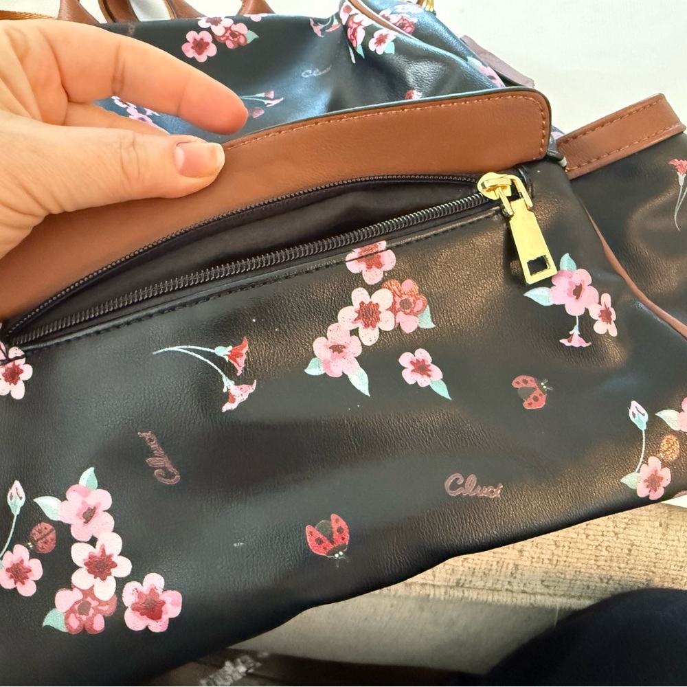 Cluci Small Floral  and Ladybug Black and Brown Backpack 12x10 - Picture 10 of 16